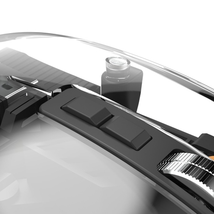 Nahaufnahme der Tasten und des Scrollrads einer transparenten kabellosen PC-Maus.