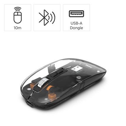 Optische kabellose PC-Maus mit transparentem Design, USB-Dongle und Bluetooth-Symbol.