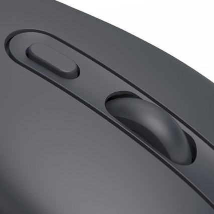 Detailansicht der Maustasten und des gummierten Mausrads einer optischen PC-Maus.