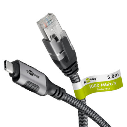 USB-C zu RJ45 Ethernet-Kabel mit geflochtenem Textilmantel und Metallsteckern, 5 m lang.
