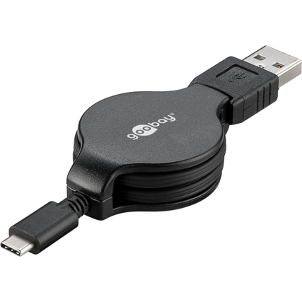 Ausziehbares USB-Kabel mit USB-A- und USB-C-Stecker in schwarz.