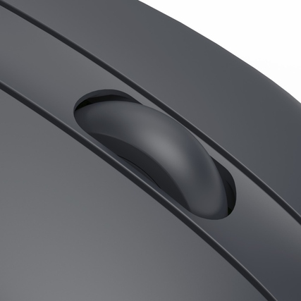 Nahaufnahme des gummierten Mausrads einer symmetrischen optischen PC-Maus.