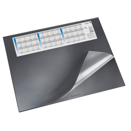 Schreibunterlage in Schwarz mit Kalender und transparentem Schutzblatt.