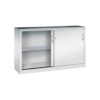 Lichtgrauer Werkzeugschrank mit Schiebetüren, einer Mitteltrennwand und ergonomischen Griffen.