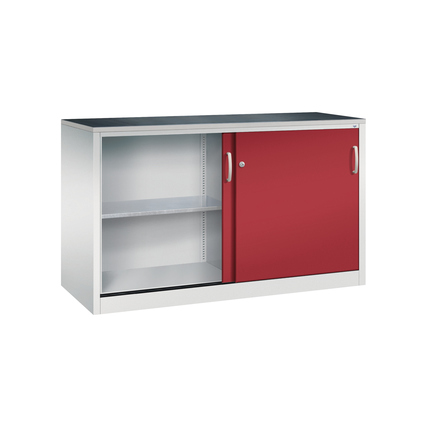 Rubinroter Werkzeugschrank mit Schiebetüren und zwei Innenfächern, aus Stahl gefertigt.
