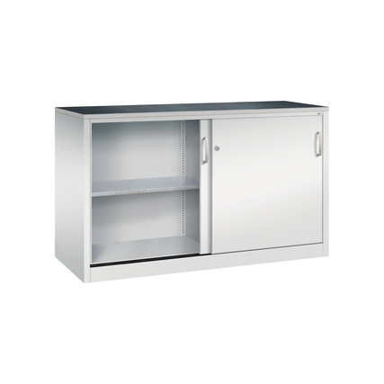 Werkzeugschrank mit Schiebetüren, lichtgrau, zwei Innenfächer und ergonomischen Griffen.