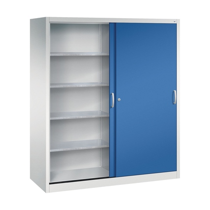 Stahlwerkzeugschrank mit einer blauen Schiebetür und mehreren Regalböden innen.