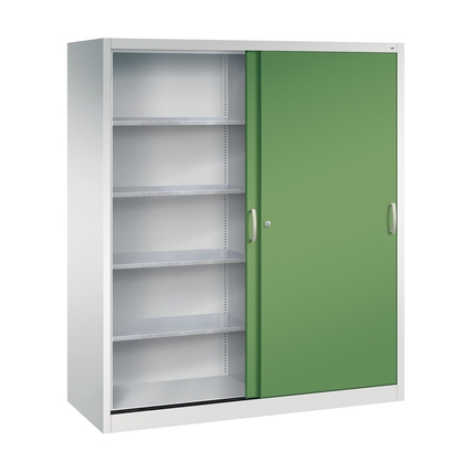 Stahl-Schiebetürenschrank in resedagrün mit einer Schiebetür und Innenregalen.