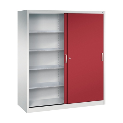 Werkzeugschrank mit einer roten Schiebetür und mehreren Regalen auf der linken Seite.