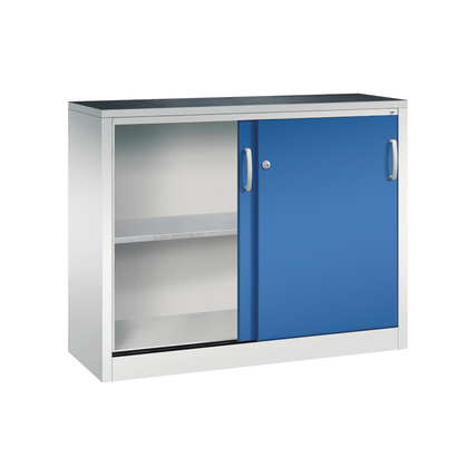 Stahl-Werkzeugschrank mit einer blauen Schiebetür und einem offenen Regalinneren.