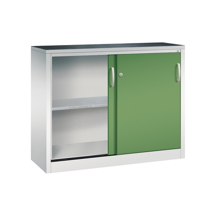 Werkzeugschrank mit einer Schiebetür und einem Fach in resedagrün und silberner Farbe.