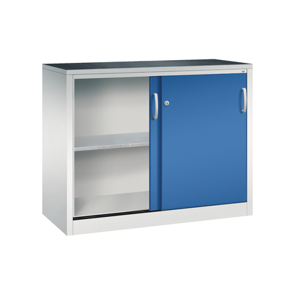 Werkzeugschrank mit blauen Schiebetüren und zwei Innenablagen, seitliche Ansicht.