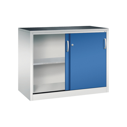 Werkzeugschrank mit einer blauen Schiebetür und einem offenen Fach auf der linken Seite.