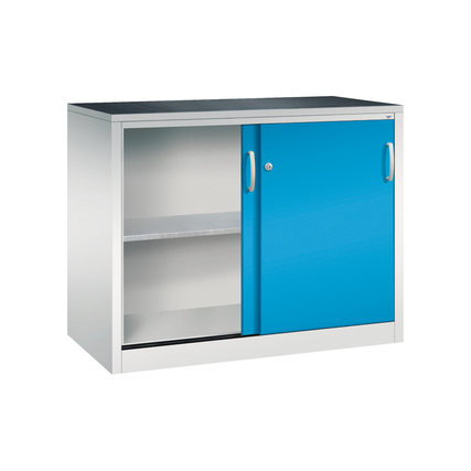 Stahlwerkzeugschrank mit einer blauen Schiebetür und einer offenen Seitenablage.