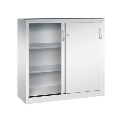 Stahl-Werkzeugschrank mit Schiebetüren, lichtgrau, zwei Regalböden und ergonomischen Griffen.