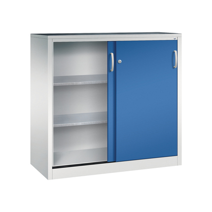 Stahlwerkzeugschrank mit blauer Schiebetüre und zwei sichtbaren Regalböden.