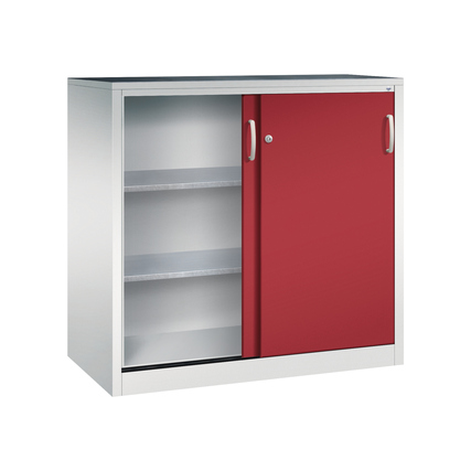 Stahl-Schiebetürenschrank in rubinrot mit zwei Regalböden und einer Schiebetür.