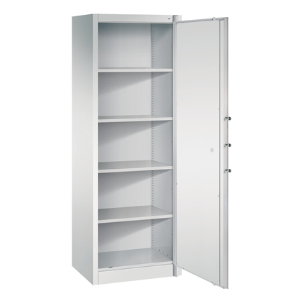 Lichtgrauer Flügeltürenschrank mit offenem Türflügel und fünf Regalen im Inneren.