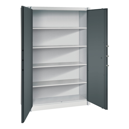 Sicherheits-Schrank mit Flügeltüren, innen vier Regalböden, in schwarzgrau ausgeführt.