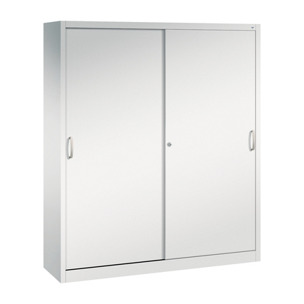 Lichtgrauer Schiebetürenschrank mit zwei Türen und ergonomischen Griffen, ohne Dekoration.