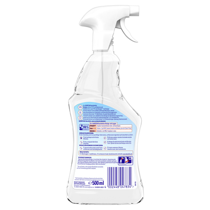 Transparente Flasche mit Desinfektionsreiniger, seitlich mit Informationen und Anleitung bedruckt.