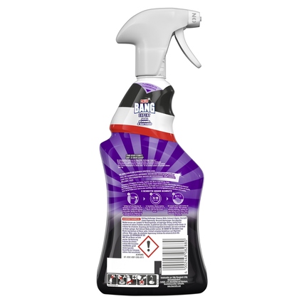 Sprühflasche mit Badreiniger für Schimmelentfernung in lila-schwarzem Design, Rückansicht.