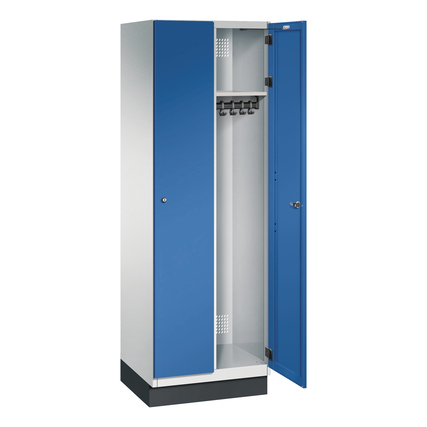 Kleiderspind mit zwei Abteilen, einer blauen Tür und offenem Innenraum zur Ansicht.