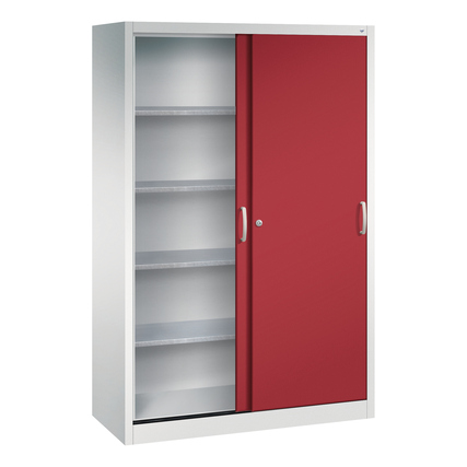 Schiebetürenschrank mit einer roten Tür, weißen Seiten und mehreren Einlegeböden.