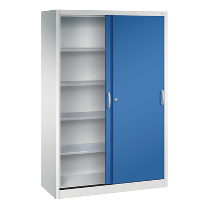 Schiebetürenschrank in enzianblau mit zwei Türen und mehreren Fachböden, in side-view.