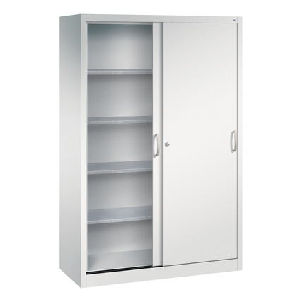 Lichtgrauer Schiebetürenschrank mit einer Schiebetür und verstärkten Fachböden.