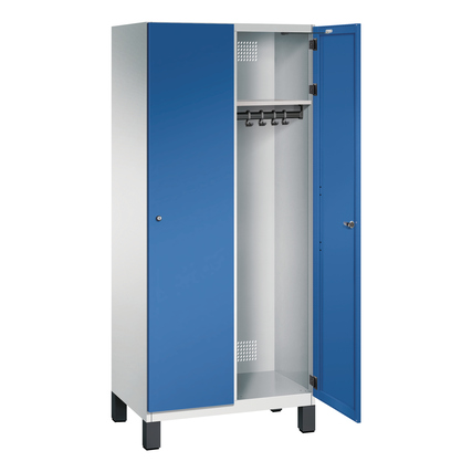 Kleiderschrank mit zwei Abteilen, einer blauen Tür und Innenausstattung zur Kleideraufbewahrung.