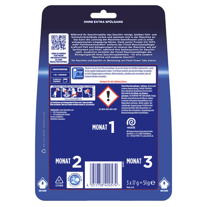 Rückansicht der Verpackung des FINISH Spülmaschinenreinigers mit Anwendungshinweisen.