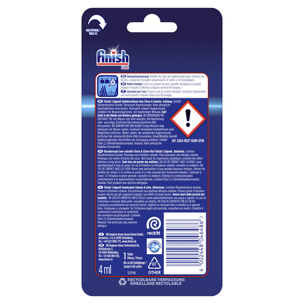 Rückansicht der Verpackung des FINISH Spülmaschinen-Deos mit Sicherheits- und Anwendungshinweisen.