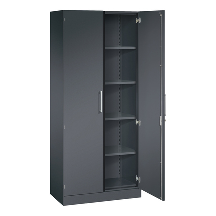 Flügeltürenschrank in schwarzgrau mit zwei doppelwandigen Stahltüren und fünf Regalböden.