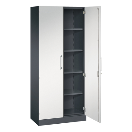 Flügeltürenschrank mit zwei Türen, innen mit Regalböden, in schwarzgrau und lichtgrau.