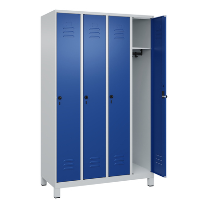 Lichtgrauer Kleiderschrank mit blauen Türen, vier Fächern und offener Seite für Garderobenstange.
