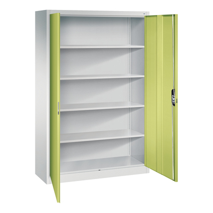 Flügeltürenschrank mit lichtgrauer und clowngrüner Frontansicht, geöffnet mit fünf Regalfächern.