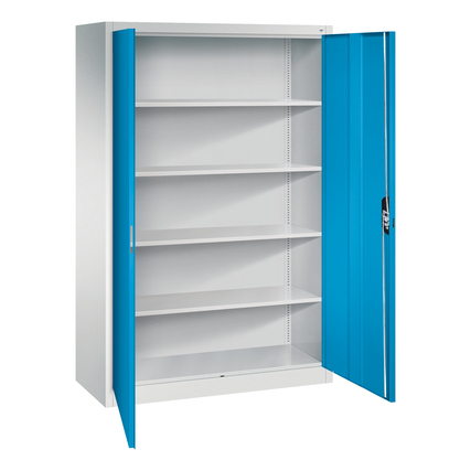 Lichtgrauer Flügeltürenschrank mit blauen Türen und fünf Einlegeböden, offen dargestellt.