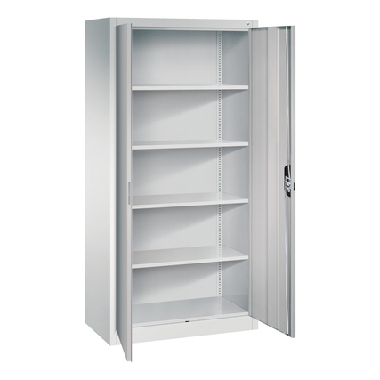 Lichtgrauer Flügeltürenschrank mit offenem Design und fünf verstellbaren Regalböden.