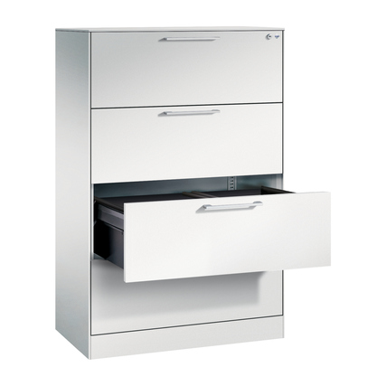 Hängeregistraturschrank in lichtgrau mit einem geöffneten Schubfach und filigraner Kantenoptik.