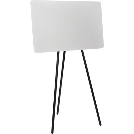Flipchart mit weißer Tafeloberfläche und schwarzem, dreibeinigem Standfuß.