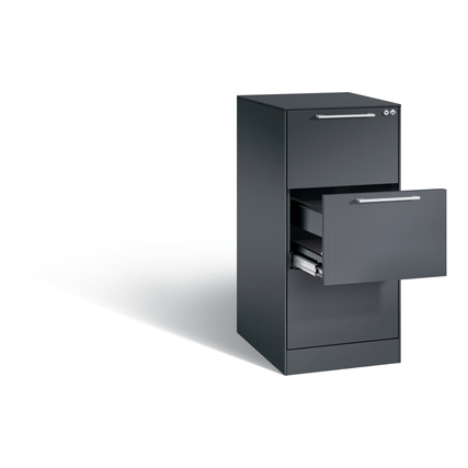 Schwarzer Hängeregistraturschrank mit einer geöffneten Schublade und ergonomischen Griffen.