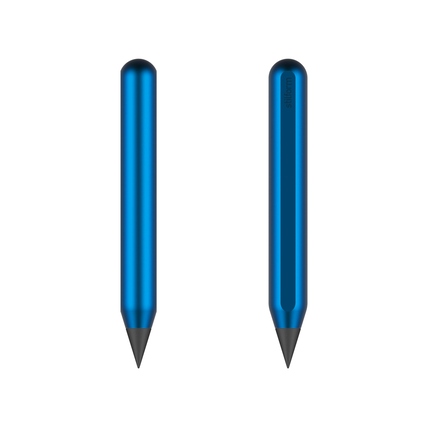 Blauer, kompakten Bleistift mit spitzem Ende, von vorne und von hinten abgebildet.