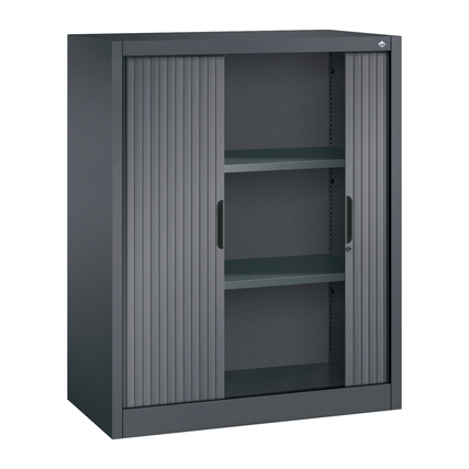 Schwarzer Rollladenschrank mit zwei Türen und drei Einlegeböden.