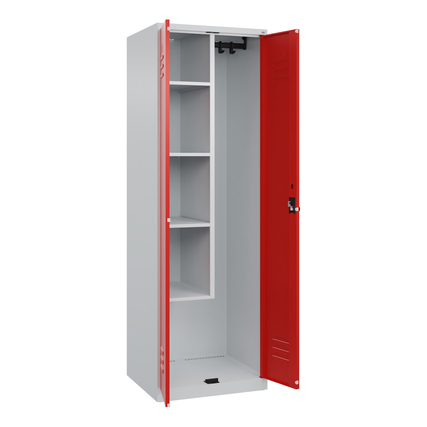 Heller Putzmittelschrank mit roter Tür, innen Fachböden und eine stabile Aufhängestange sichtbar.