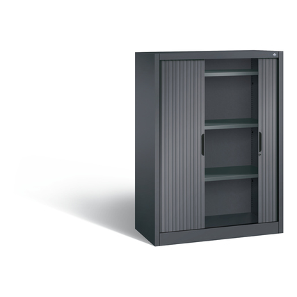 Schwarzer Rollladenschrank mit zwei Türen und drei verstellbaren Regalen im Innenraum.