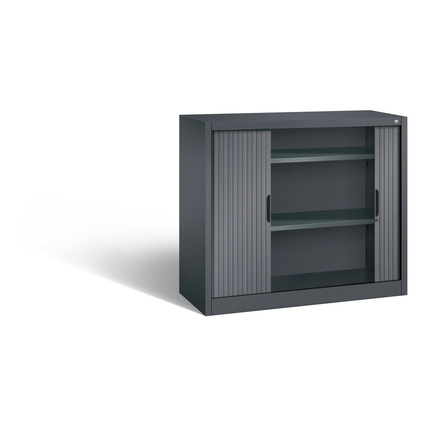 Schwarzer Rollladenschrank mit zwei Regalböden und mittiger Rollladentür.