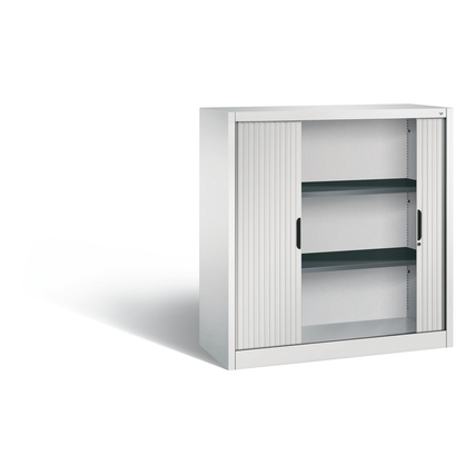 Lichtgrauer Rollladenschrank mit zwei Türflügeln und drei Innenregalen.
