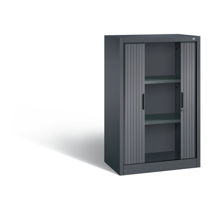 C+P Rollladenschrank in schwarzgrau mit zwei Rollladentüren und drei Einlegeböden.