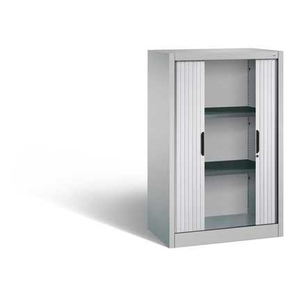 C+P Rollladenschrank in weißaluminium mit zwei Fächern und mittiger Rollladentür.